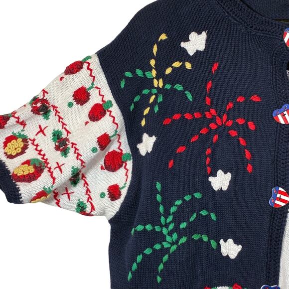 Cardigan Sweater Patriotic Red White & Blue 4th July Vintage Eagle's Eye Size XL - Picture 5 of 12